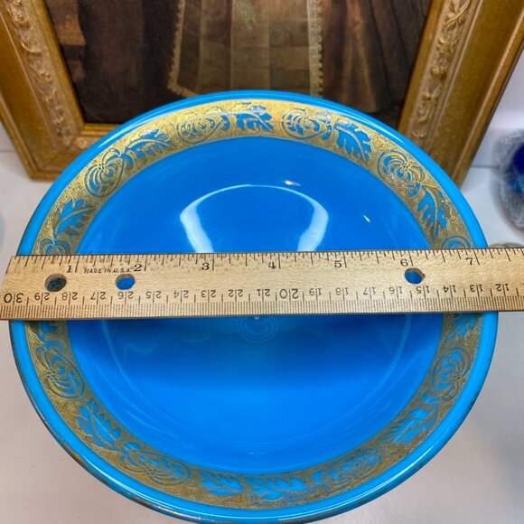 Antique Blue Compote Milk Glass About 7 Inches Tall Gold Leaves Trim Design - Picture 11 of 11